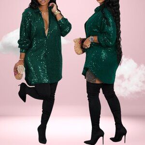 Sequin Collared Button Down Shirt Dress - Green